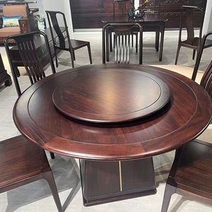 Mesa de comedor redonda de madera de ébano con plato giratorio, juego de comedor de madera maciza de estilo chino moderno para el comedor familiar - Product Image 5