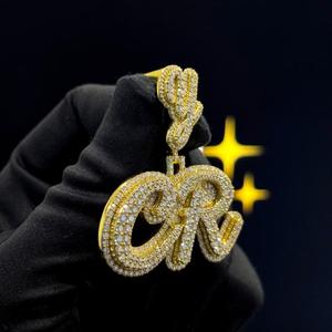 Custom CR <b>Initial</b> <b>Pendant</b> Fully Iced Out Script Letter Charm Gold Finish Necklace for Men & Women - Product Image 5
