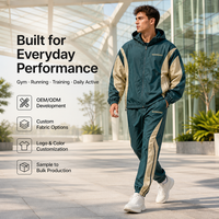 Ensemble de survêtement à capuche color block vert beige, veste zippée intégrale et pantalon, fabrication OEM, marque privée, vente en gros, vêtements de sport personnalisés