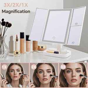 Bán buôn Dimmable LED màn hình cảm ứng gấp trang điểm gương trifold thiết kế kép hai mặt 2X 3X Magnifying lighted xách tay vẻ đẹp - Product Image 2