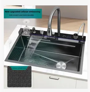 Integration Klavier-Button Wasserfall Küchenspüle Edelstahl Einzelbecken mit Geschirrregal Spüle mit Wasserhahn