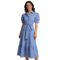 Robe chemise à manches bouffantes à col rabattu et à taille nouée pour femmes