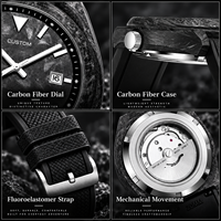Montre automatique pour homme personnalisée, nouvelle, 42 mm, boîtier en fibre de carbone, cadran à mouvement mécanique, bracelet en caoutchouc FKM, étanche 10 ATM, luxe