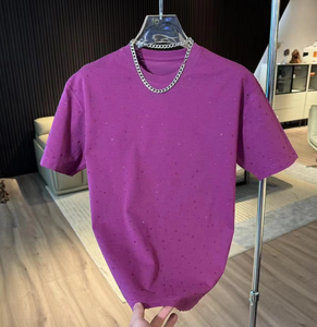 T-shirt en coton pour homme, personnalisable, uni, couleur unie, style décontracté, imprimé, design en strass, style épaules tombantes - Product Image 5