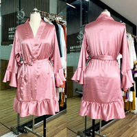 Haute qualité luxe mariée Satin à volants garniture Robe mariage demoiselle d'honneur Kimono Robe vêtements de nuit couleur Pure peignoir Robe de chambre