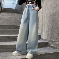 Pantalon en jean élastique taille haute pour enfants, coupe large avec nœud latéral, jean ample décontracté délavé clair pour filles