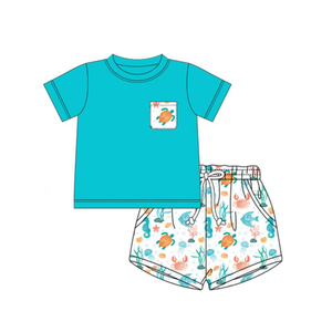 Conjuntos de ropa para niños pequeños BSSO1964, diseño personalizado, estampado de dinosaurios coloridos en azul, venta al por mayor, conjunto de manga corta para niños pequeños - Product Image 6