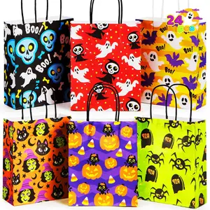 Eco Friendly Halloween Treat Packaging Gift Pumpkin Candy Snacks Handles Kraft Paper Bag For Halloween Party Decorations