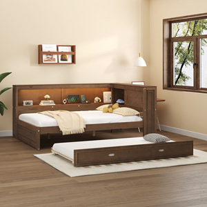 Walnut Wood <b>Sofa</b> <b>Bed</b> L Shape Convertible With Led Light Storage Bedroom Furniture For Children Adults Elderly - Product Image 3