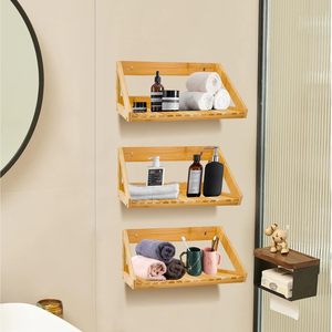 Bamboo Wall Rack 3-Tier Rectangle Wall-Mounted Storage <b>Shelf</b> for <b>Bedroom</b> Living Room Kitchen Bathroom Office - Product Image 2