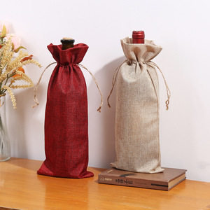 Sacs à vin en lin 15x35cm avec cordon de serrage, sacs cadeaux d'emballage couleur naturelle rouge vin, impression personnalisable - Product Image 1