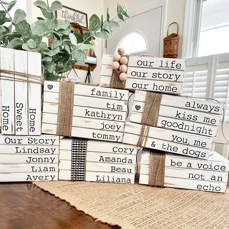 AHOME Wooden Decorative Mini Farmhouse Book Stack Twine Buffalo Plaid Custom Faux Books for Home Decoration