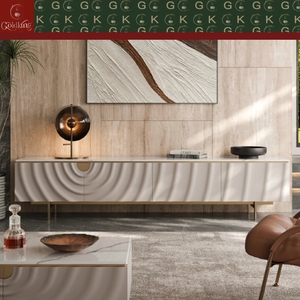 Consola de <span class=keywords><strong>TV</strong></span> Moderna Minimalista GOLDKING para Sala de Estar, Mármol Blanco Calacatta, Frente Ondulado, Patas Doradas, Interior Rojo, Corte de Precisión OEM - Product Image 4