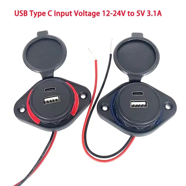 5V3.1A USB Type C Charger Socket Power Adapter Car Charger with Dustproof Cover 12V-24V for Auto Car Boat ATV Motorbike