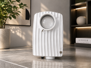 White Ribbed <b>Wireless</b> <b>Access</b> <b>Point</b> With Circular Lens And Adjustable Knob On Desk - Product Image 1