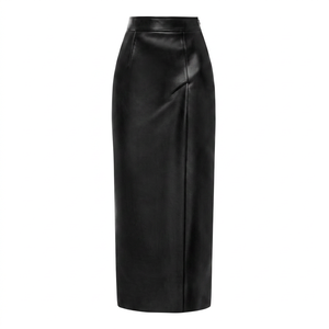 Jupe crayon mini vintage en cuir véritable et satin, taille naturelle, noire unie, respirante, pour femme, avec design plissé et fente, idéale pour le bureau - Product Image 1