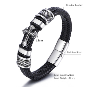 Bracelet en cuir noir fait main <span class=keywords><strong>pour</strong></span> homme avec breloque croix en acier inoxydable, fermoir magnétique durable, cadeau de bijoux tendance - Product Image 2