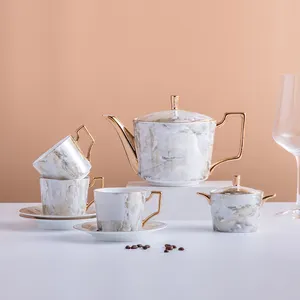 15 adet İngiltere öğleden sonra çay seti mermer tasarım seramik çay bardağı seti demlik arap tarzı kahve gereçleri kemik çini kahve ve çay seti