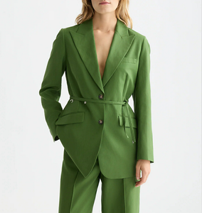 Elegante Blazer Verde para Mujer con Solapa Entallada, Cinturón en la Cintura y Bolsillos con Solapa para un Look Diario de Oficina - Product Image 1