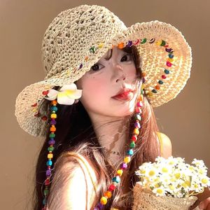 Rainbow Holiday Beaded <b>Straw</b> <b>Hat</b> Wide Brim Sun Protection Foldable Y2K Style For Women - Product Image 1