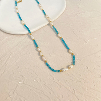 Bijoux à breloques en acier inoxydable plaqué or, collier en pierre bleue, collier ras du cou en perles d'eau douce pour femmes