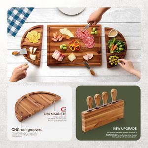 Grande planche en bois d'acacia avec un ensemble <span class=keywords><strong>de</strong></span> 4 couteaux, <span class=keywords><strong>plateau</strong></span> rond en bois magnétique en 3 parties pour servir le fromage, la nourriture, les en-cas - Product Image 5