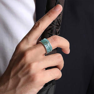 แหวนหยกน้ำเงินธรรมชาติ แกะสลักด้วยมือ คำมงคลหกคำ เครื่องประดับผู้ชาย ดีไซน์ดั้งเดิม พร้อมใบรับรองการประเมิน JZ19 - Product Image 4