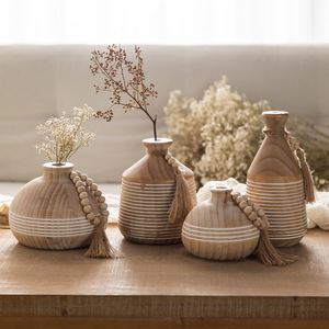 Nuovo Trend Vaso per Fiori in Legno Naturale Rustico con Perline di Legno e Nappine, Fatto a Mano, Stile Zen <span class=keywords><strong>Asiatico</strong></span>, Vaso Decorativo per Matrimoni e Casa - Product Image 2