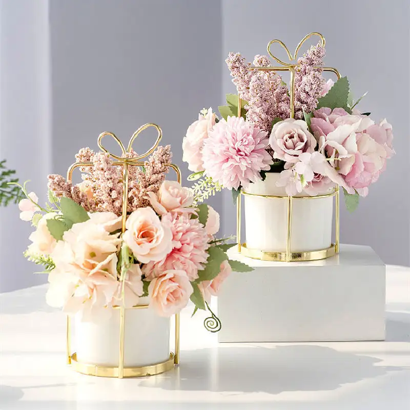 Bunga buatan dengan vas bunga sutra palsu di Pot keramik bunga palsu bola meja dekorasi tengah meja untuk rumah