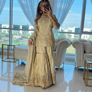 Women's Beige Silk Salwar Kameez With Embroidery Traditional Indian Pakistani Wedding Wear Floor-Length Regular Fit - Product Image 1