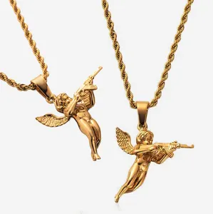 necklace men rope chain pendant Suppliers-hiphops Men Jewelry Cupids Revenge Angel Pendant 18k Gold Rope Chain 316L Stainless Steel 3D Angel with Gun Necklace