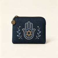 Dompet Koin Linen Bordir Yahudi dengan Resleting, Bintang Daud, Menorah, Tangan Hamsa, Gulungan Taurat, Dompet Kanvas Mini, Kantong Hadiah Religius