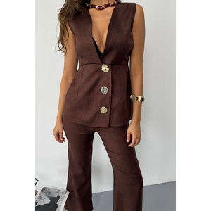 Women's Brown <b>Linen</b> Gold Buttoned Vest Pants <b>Set</b> Office Lady's Solid Pattern Top Bottom for Autumn Winter Minimum Order 2pcs - Product Image 5