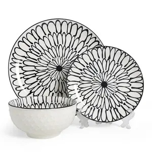 Almaaly Louça de cerâmica com estampa de almofada Underglaze, prato de jantar para salada e porcelana, conjunto com 12/18 peças, conjunto de jantar