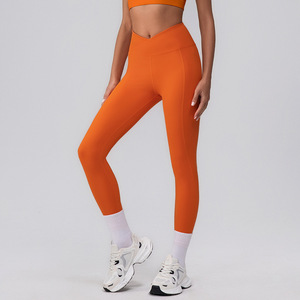 Legging de yoga taille haute à découpe en V, sans couture, effet ventre plat, anti-boulochage, froncé, uni, pour la gym et l'entraînement - Product Image 3