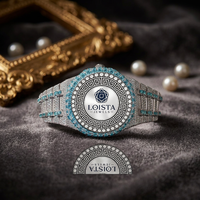 Montre-bracelet de luxe à quartz analogique en acier inoxydable, cadran foncé, entièrement sertie de pierres, bracelet à fermoir déployant pour LOISTA JEWELS