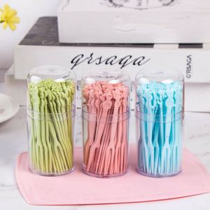 Fourchettes à fruits en plastique jetables avec logo personnalisé imprimé à l'écran, longueur 8,5 cm, boîte de 50 pièces, couverts jetables multicolores, vaisselle de fête - Product Image 2