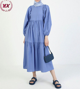 <strong>Modanisa</strong> Women Blue Solid Crew Neck Back Keyhole Button Solid Colour Muslim Long Sleeve Cuff Pretty Long Dress Jalabiya - Product Image 2