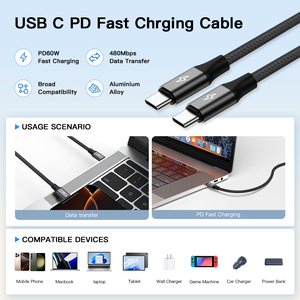 Cable USB-C a USB-C UNIEAN de 60W para Carga Rápida y Transferencia de <span class=keywords><strong>Datos</strong></span>, Cable de Carga Trenzado de Nailon Resistente, Compatible con Tablets y Laptops Android - Product Image 2