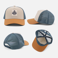 Casquette Trucker OEM personnalisée à 5 panneaux, couronne haute, avec logo patch en tissu tressé tricolore et dos en maille, pour la randonnée en extérieur