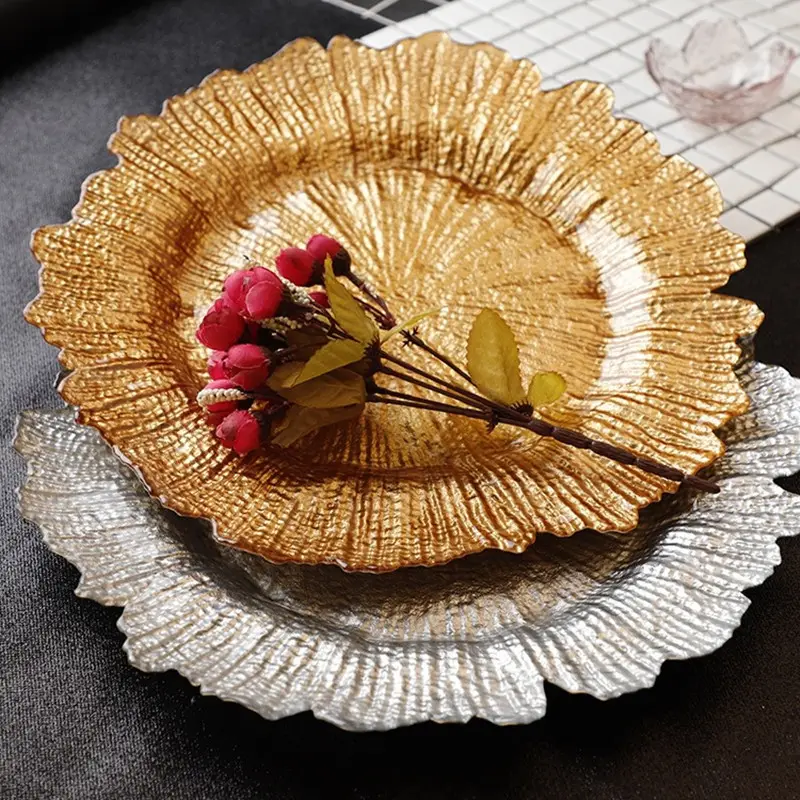 Hot Selling Gold Reef Charger Plate Wedding Party Table Decorative Charger Plate Golden Silver Western Glass Plate