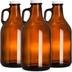 Wholesale china big empty 2L 4L 64oz amber glass beer growler california wine bottle with aluminum lid