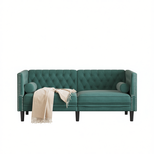 Dark Green Velvet Chesterfield <b>Sofa</b> Tufted Back Two Seat Living Room Furniture Wood <b>Legs</b> - Product Image 1