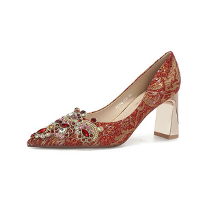 7777M-007 Satin Pumps Pointed Toe Block <b>Heel</b> Rhinestone Bridal Shoes Red <b>Gold</b> High <b>Heel</b> <b>Wedding</b> Dress Shoes - Product Image 5