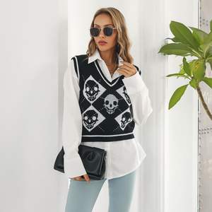 الجمجمة الأصلية هالويين الجاكار السترة بلا أكمام الجمجمة السوداء سترة الماس حرف كتلة اللون سترة محبوك للنساء - Product Image 6