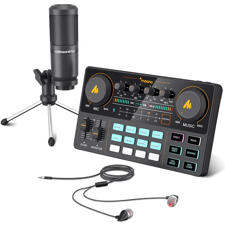MAONOCASTER Professional Condenser Recording Studio Desktop Tripod Microphone With Sound Card and Headphone for Laptop Phones