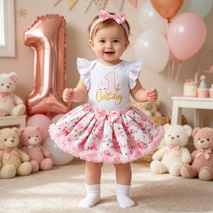 <span class=keywords><strong>Set</strong></span> Vestito Estivo per Primo <span class=keywords><strong>Compleanno</strong></span> Bambina, Gonna a Fiori con Paillettes, Fascia per Capelli, Tessuto Morbido, Opzione Logo Personalizzato, Fine Anno - Product Image 1