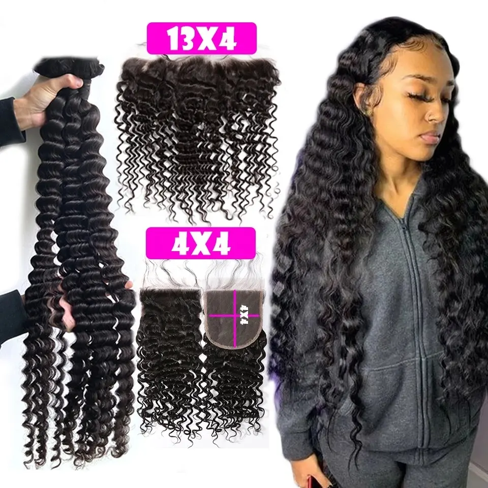 Wholesale raw virgin bulk indian kinky curly human hair bundles and closure sets, Loose Deep hair bundles with hd lace closure
