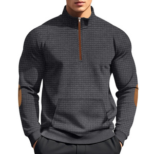 Otoño de los hombres de manga larga patrón sólido pulóver cuello alto sudadera media cremallera pequeño cuadrado Jacquard diseño terciopelo Sudadera con capucha - Product Image 2