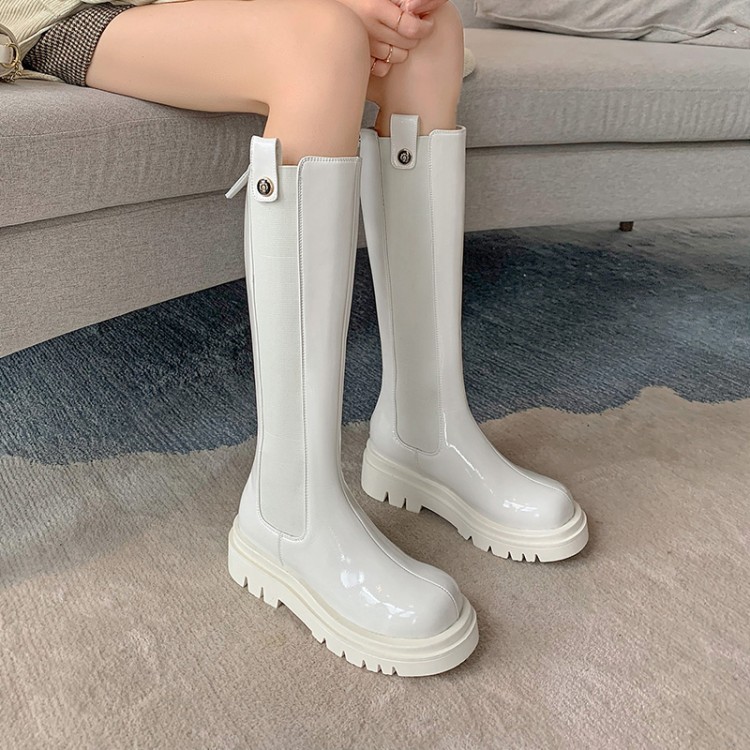 Female Autumn 2021 winter Rubber womens flat boots beige white girls knee high boots
